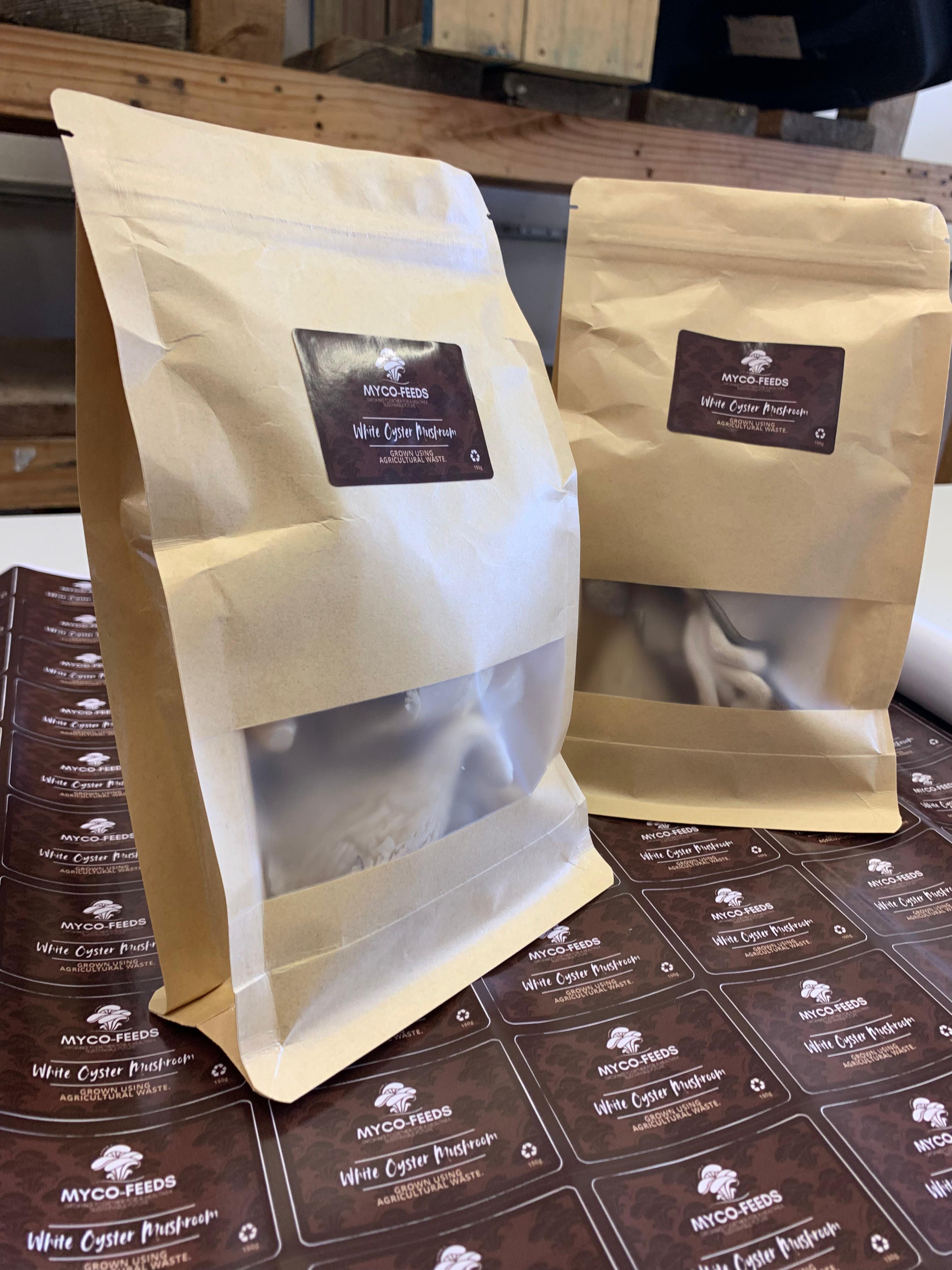MYCO-FEEDS branded mushroom packaging